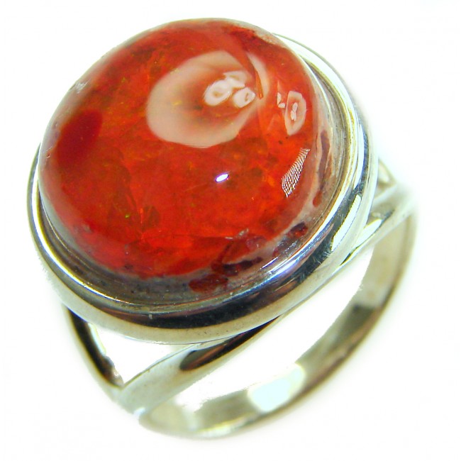 Queen of Fire best quality 11.4 carat Mexican Opal .925 Sterling Silver handmade ring 6 - Close-up of Queen of Fire Mexican Opal ring in sterling silver.