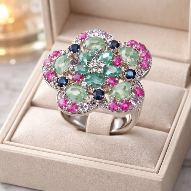 Giovanna - Authentic 17.9 carat COLOMBIAN EMERALD .925 Sterling Silver dipped in rhodium handcrafted Statement Ring size 7 - Close-up of Giovanna ring with colorful gems in open box.