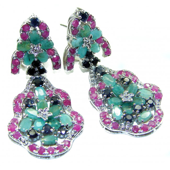 Giovanna - Authentic 28.9 carat COLOMBIAN EMERALD .925 Sterling Silver dipped in rhodium handcrafted earrings - Close-up of vibrant floral drop earrings with emerald and pink stones.