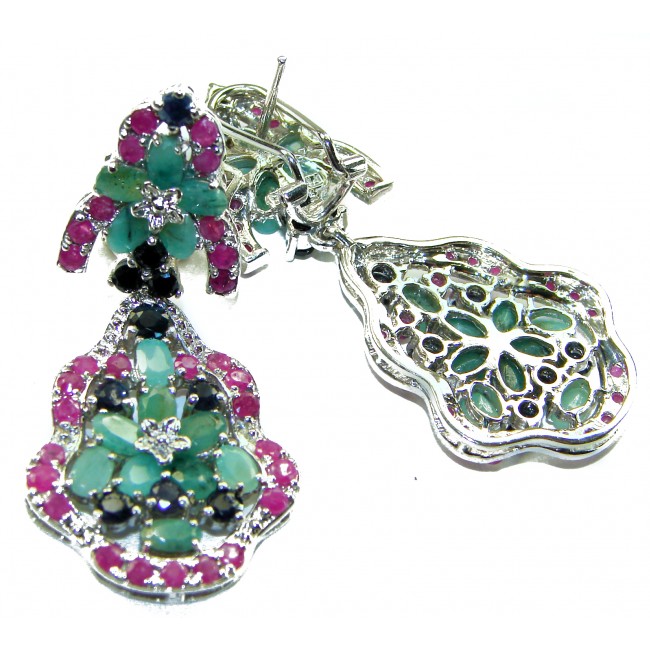 Giovanna - Authentic 28.9 carat COLOMBIAN EMERALD .925 Sterling Silver dipped in rhodium handcrafted earrings - Earrings with emeralds and rubies, front and back view detail.