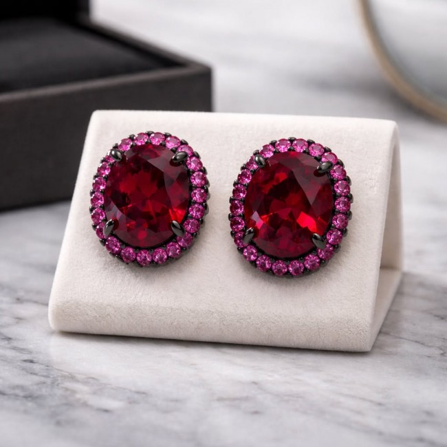 Matilde- Natural 17.8 carat Mozambique Garnet BLACK RHODIUM .925 Sterling Silver HandcraftedHandcrafted Earrings - Close-up of Matilde 17.8 carat garnet earrings on display stand.