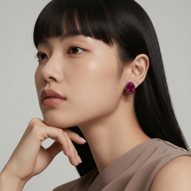 Matilde- Natural 17.8 carat Mozambique Garnet BLACK RHODIUM .925 Sterling Silver HandcraftedHandcrafted Earrings - Side view of wearer with Matilde Mozambique garnet earrings.