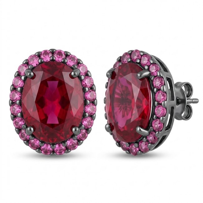Matilde- Natural 17.8 carat Mozambique Garnet BLACK RHODIUM .925 Sterling Silver HandcraftedHandcrafted Earrings - Close-up of oval garnet earrings with pink gemstone halo and black rhodium.