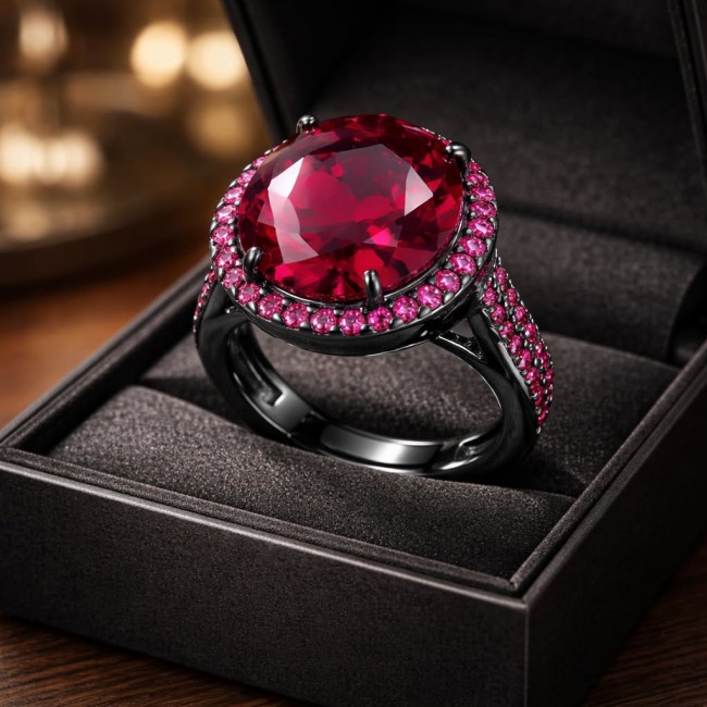 Matilde - Natural 12.8 carat Mozambique Garnet BLACK RHODIUM .925 Sterling Silver Handcrafted Statement Ring size 7 adjustable - Close-up of Matilde ring with a black rhodium Mozambique garnet stone.