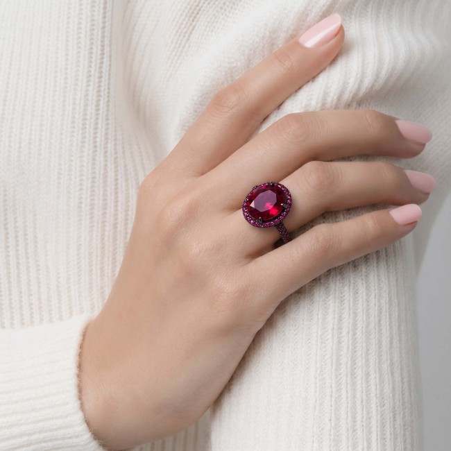 Matilde - Natural 12.8 carat Mozambique Garnet BLACK RHODIUM .925 Sterling Silver Handcrafted Statement Ring size 7 adjustable - Garnet ring on hand, close-up showing natural 12.8 carat stone.