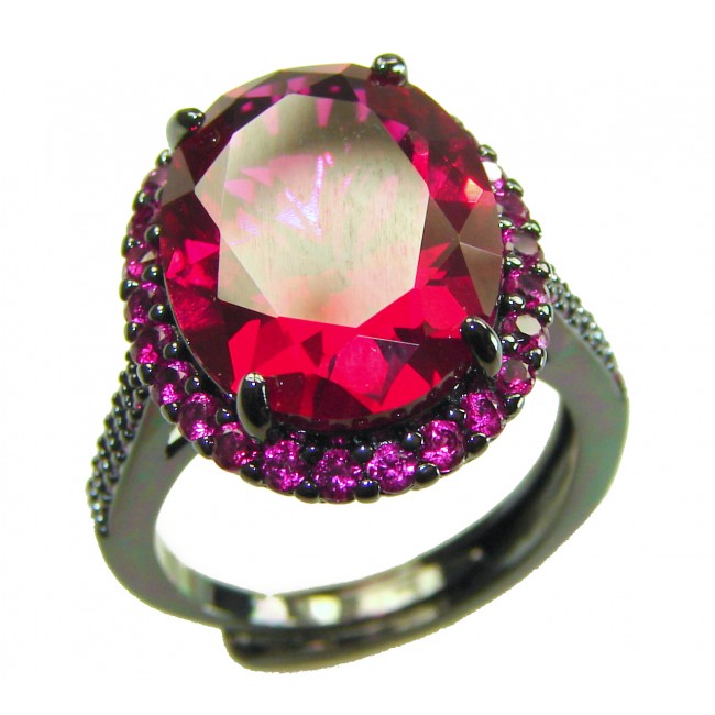 Matilde - Natural 12.8 carat Mozambique Garnet BLACK RHODIUM .925 Sterling Silver Handcrafted Statement Ring size 7 adjustable - Close-up of Matilde ring with large red garnet and black rhodium setting.