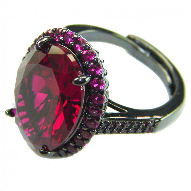 Matilde - Natural 12.8 carat Mozambique Garnet BLACK RHODIUM .925 Sterling Silver Handcrafted Statement Ring size 7 adjustable - Close-up of Matilde ring with Mozambique garnet and black rhodium setting.