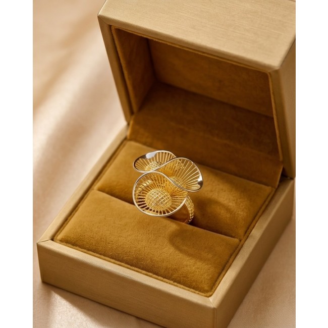 Dubai Style - .925 Sterling Silver dipped in 22K Gold handmade Large ring size 10 1/4 - Elegant 3D flower ring in gold, boxed, 3/4 angle view