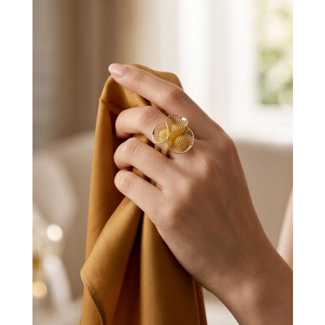 Dubai Style - .925 Sterling Silver dipped in 22K Gold handmade Large ring size 10 1/4 - Gold-plated sterling silver ring worn on hand with mustard fabric.