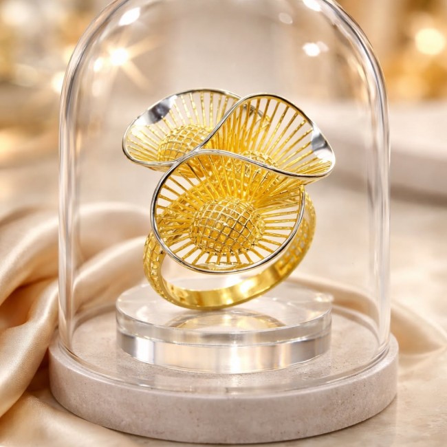 Dubai Style - .925 Sterling Silver dipped in 22K Gold handmade Large ring size 10 1/4 - Gold-dipped silver ring, intricate design under glass dome, top view.