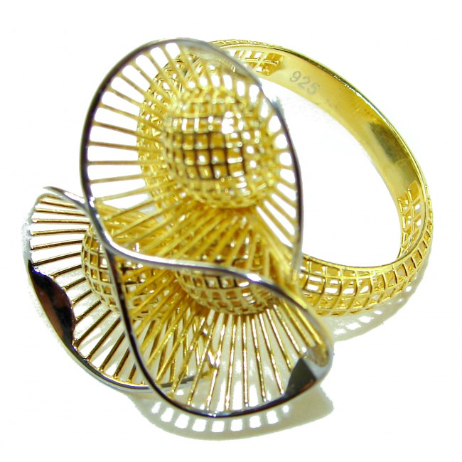 Dubai Style - .925 Sterling Silver dipped in 22K Gold handmade Large ring size 10 1/4 - Gold-plated sterling silver ring, side view, intricate wire design.