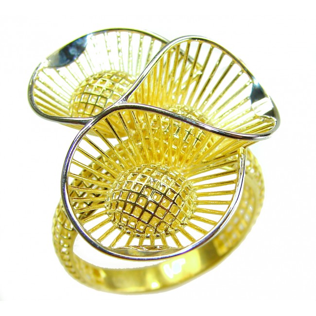Dubai Style - .925 Sterling Silver dipped in 22K Gold handmade Large ring size 10 1/4 - Close-up of floral design gold-dipped sterling silver ring.