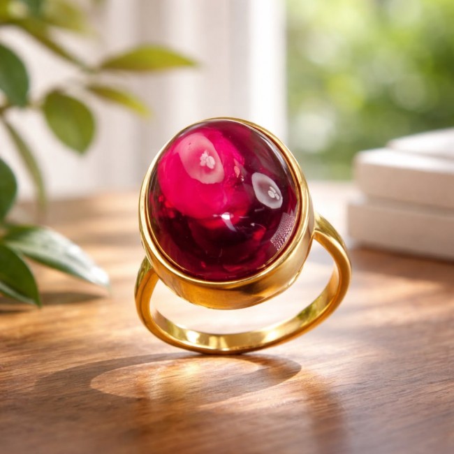 Giovanna - Magnificent Jewel 7.5 carat Ruby .925 Sterling Silver dipped in 18K Gold handcrafted incredible ring s. 7 - Close-up of Giovanna 7.5 carat ruby ring on a wooden surface.
