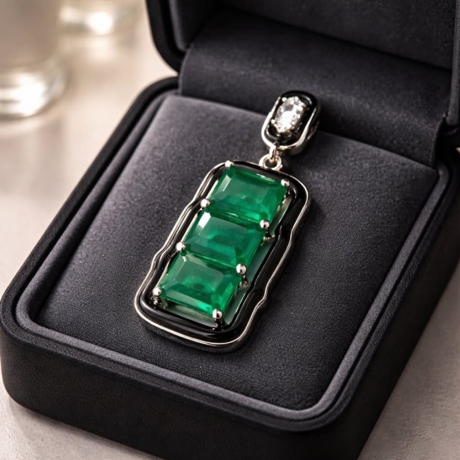 Art Deco 8.5 carat Emerald black enamel .925 Sterling Silver handmade Pendant - Emerald Art Deco pendant front view in black velvet box