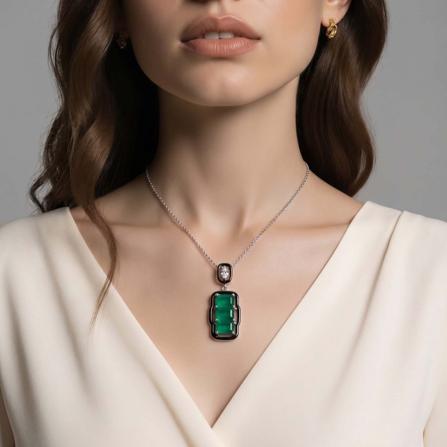 Art Deco 8.5 carat Emerald black enamel .925 Sterling Silver handmade Pendant - Necklace worn, Art Deco emerald pendant on sterling silver chain.