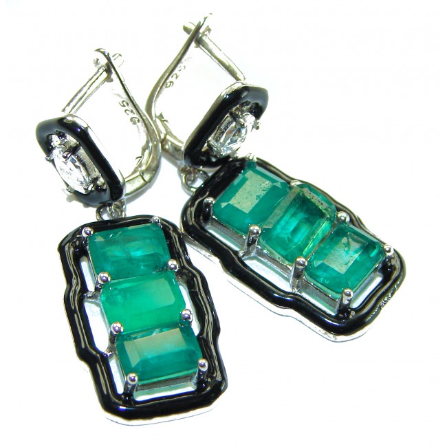 Art Deco 8.5 carat Emerald black enamel .925 Sterling Silver handcrafted earrings - Close-up of Art Deco emerald and black enamel sterling silver earrings.