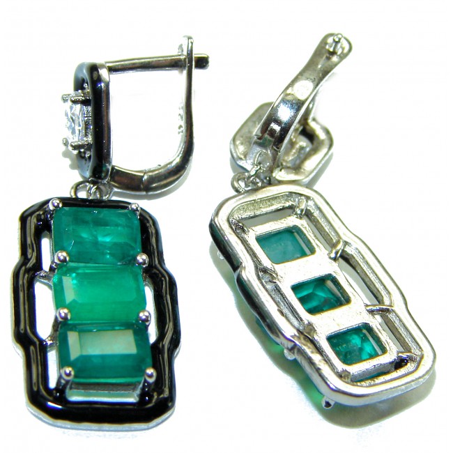 Art Deco 8.5 carat Emerald black enamel .925 Sterling Silver handcrafted earrings - Emerald earrings front and back view, Art Deco style, sterling silver.