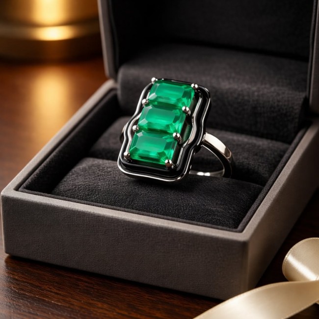 Art Deco 8.2 carat Colombian Emerald .925 Sterling Silver handcrafted Ring size 8 - Top view of Art Deco ring with Colombian emerald stones in box