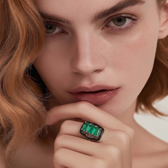 Art Deco 8.2 carat Colombian Emerald .925 Sterling Silver handcrafted Ring size 8 - Emerald ring worn on hand, close-up view