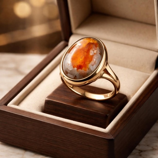 Golden Dream best quality 15.4 carat Mexican Opal 18K Gold over .925 Sterling Silver handmade ring 6 3/4 - Golden Dream 15.4 ct Mexican Opal ring in 18K gold, side view in case