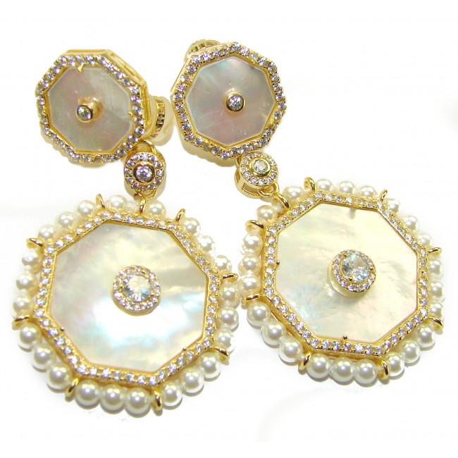 Large - Sublime Blister Pearl White Sapphire 18K Gold over .925 Sterling Silver handcrafted Earrings - Front view of octagonal pearl and sapphire earrings with gold accents.