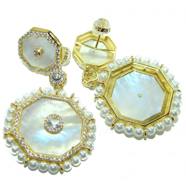 Large - Sublime Blister Pearl White Sapphire 18K Gold over .925 Sterling Silver handcrafted Earrings - Octagonal earrings, gold and pearl, top view with stone details.