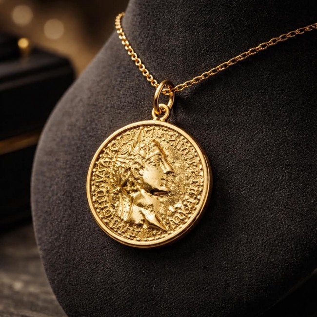 Ave Caesar - Vintage Style Coin .925 Sterling silver and plated with 14K Gold handcrafted pendant - Front view of Ave Caesar vintage style coin necklace on display bust.
