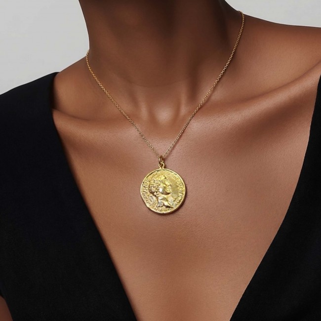 Ave Caesar - Vintage Style Coin .925 Sterling silver and plated with 14K Gold handcrafted pendant - Coin pendant necklace worn on neck, close-up view.