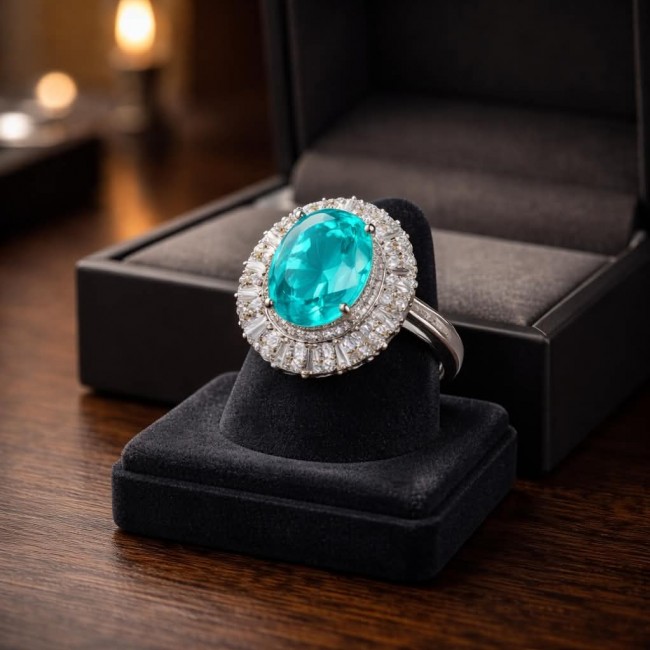 Eau Pure 6.5 carat Paraiba Tourmaline .925 Sterling Silver Handcrafted Ring size 8 1/4 - Paraiba Tourmaline ring close-up in box on wooden surface