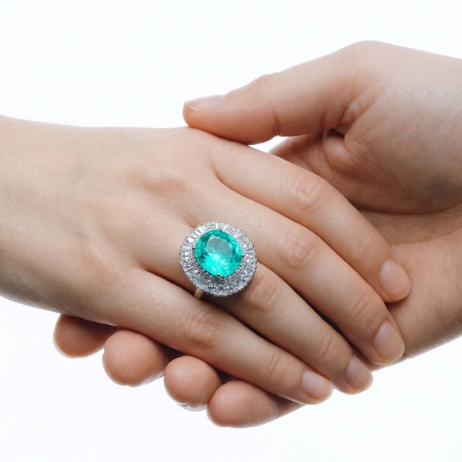 Eau Pure 6.5 carat Paraiba Tourmaline .925 Sterling Silver Handcrafted Ring size 8 1/4 - Paraiba Tourmaline ring worn on hand, 6.5 carat, sterling silver setting