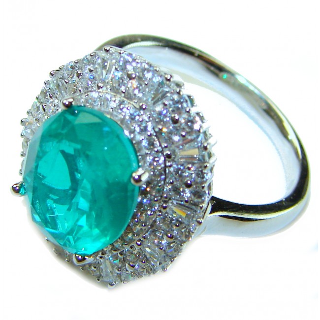Eau Pure 6.5 carat Paraiba Tourmaline .925 Sterling Silver Handcrafted Ring size 8 1/4 - Close-up of Paraiba Tourmaline ring with diamond accents on sterling silver.
