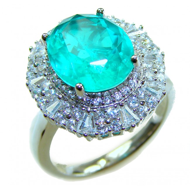 Eau Pure 6.5 carat Paraiba Tourmaline .925 Sterling Silver Handcrafted Ring size 8 1/4 - Close-up of Eau Pure Paraiba Tourmaline ring in sterling silver.