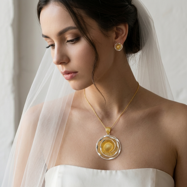 Dubai Style - Golden Rose .925 Sterling Silver dipped in 22K Gold handmade Pendant - Bride with Dubai Style Golden Rose necklace and earrings, side view.