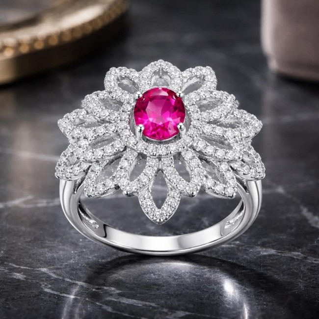 Stella - 3.9 carat Ruby .925 Sterling Silver handcrafted incredible ring s. 7 - Close-up of floral silver ring with 3.9 carat ruby centerpiece
