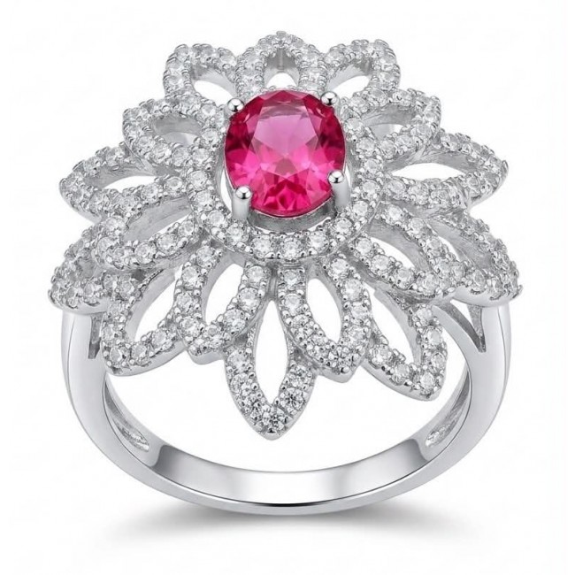 Stella - 3.9 carat Ruby .925 Sterling Silver handcrafted incredible ring s. 7 - Ruby and diamond flower ring close-up on sterling silver band.