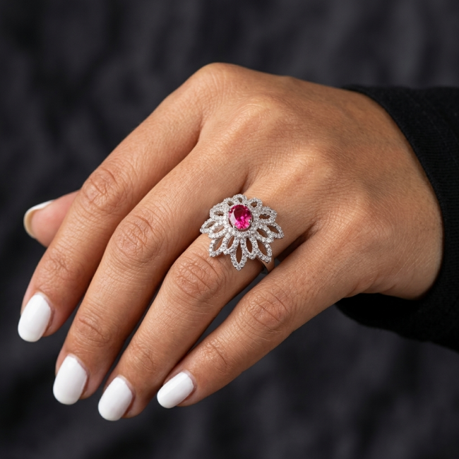 Stella - 3.9 carat Ruby .925 Sterling Silver handcrafted incredible ring s. 7 - Ruby and sterling silver ring worn on hand, top view.