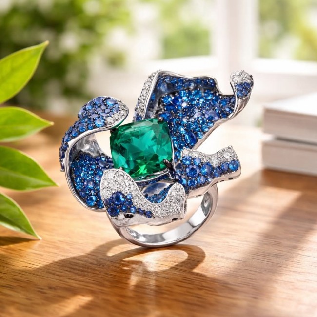 Wild Flower 54.2 carat authentic Colombian Emerald Sapphire .925 Sterling Silver handcrafted Statement Ring size 7 adjustable - Emerald ring with sapphire accents on table, front view.