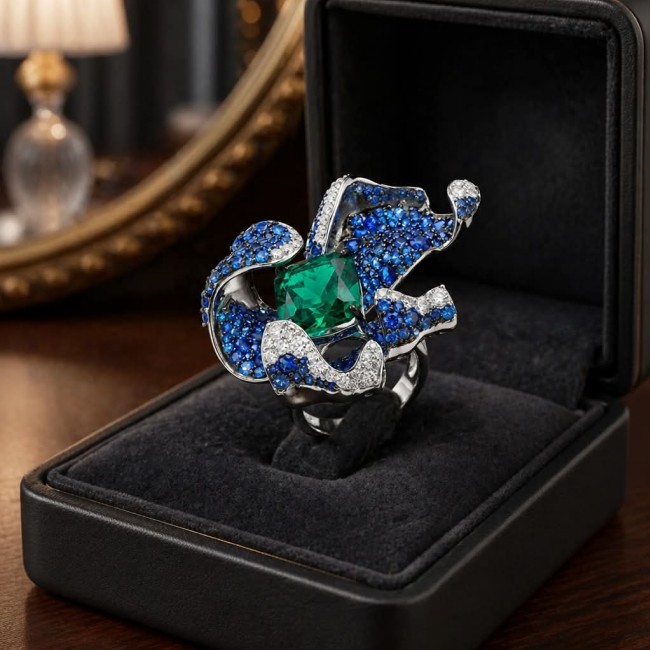 Wild Flower 54.2 carat authentic Colombian Emerald Sapphire .925 Sterling Silver handcrafted Statement Ring size 7 adjustable - Emerald and sapphire ring in open jewelry box, top view.