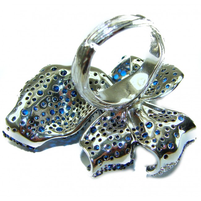 Wild Flower 54.2 carat authentic Colombian Emerald Sapphire .925 Sterling Silver handcrafted Statement Ring size 7 adjustable - Silver ring with blue sapphires, angled view showing intricate detail