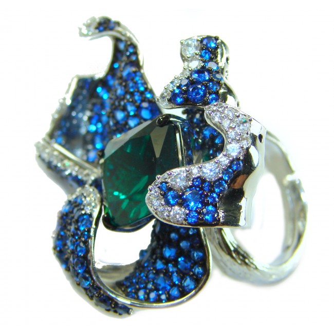 Wild Flower 54.2 carat authentic Colombian Emerald Sapphire .925 Sterling Silver handcrafted Statement Ring size 7 adjustable - Close-up of Wild Flower ring with Colombian emerald and sapphire stones.