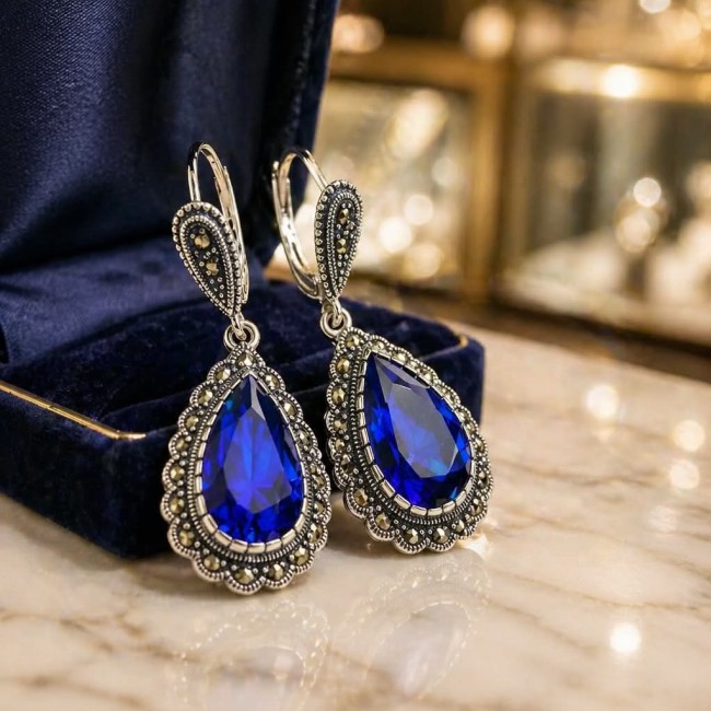 Julietta 15.5 carat London Blue Topaz Marcasite .925 Sterling Silver handmade Statement earrings - Elegant earrings with blue topaz, front view in a velvet box.