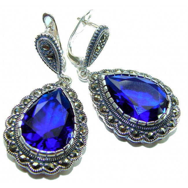 Julietta 15.5 carat London Blue Topaz Marcasite .925 Sterling Silver handmade Statement earrings - Close-up view of Julietta London Blue Topaz Marcasite earrings