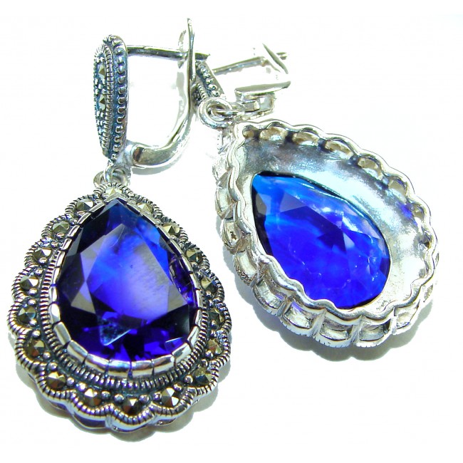 Julietta 15.5 carat London Blue Topaz Marcasite .925 Sterling Silver handmade Statement earrings - Blue topaz earrings with marcasite, front and back view, close-up detail.