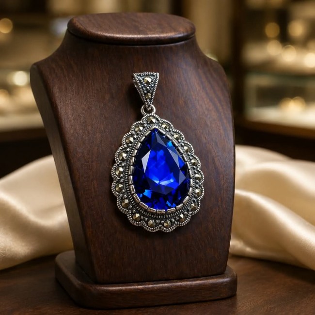 Julietta 14.5 carat London Blue Topaz Marcasite .925 Sterling Silver handmade Statement Pendant - Front view of Julietta 14.5 carat London Blue Topaz pendant on display.