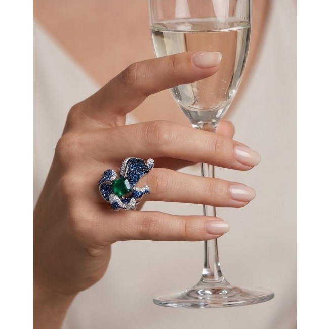 Wild Flower 54.2 carat authentic Colombian Emerald Sapphire .925 Sterling Silver handcrafted Statement Ring size 7 adjustable - Emerald and sapphire ring worn on hand holding a glass of champagne.