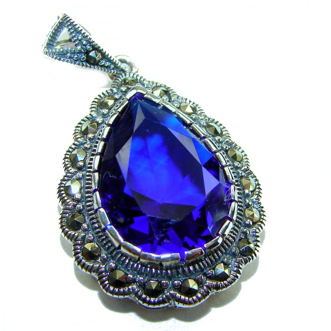 Julietta 14.5 carat London Blue Topaz Marcasite .925 Sterling Silver handmade Statement Pendant - Close-up of Julietta London Blue Topaz pendant with marcasite accents