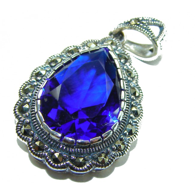 Julietta 14.5 carat London Blue Topaz Marcasite .925 Sterling Silver handmade Statement Pendant - Close-up of blue topaz pendant with marcasite in silver setting.