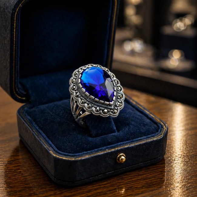 Julietta 12.8 carat London Blue Topaz Marcasite .925 Sterling Silver handmade Statement Ring size 6 - Close-up of Julietta 12.8 ct London Blue Topaz ring in ornate box.