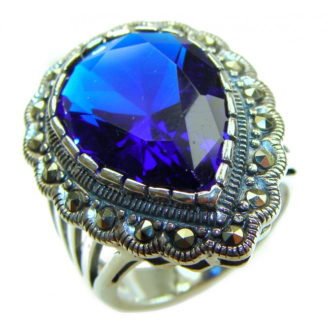 Julietta 12.8 carat London Blue Topaz Marcasite .925 Sterling Silver handmade Statement Ring size 6 - Close-up of Julietta London Blue Topaz Marcasite sterling silver ring.