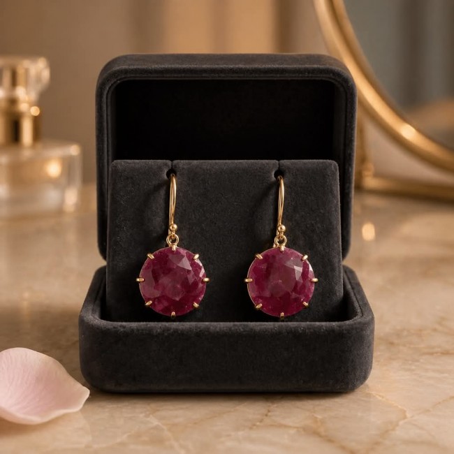 Giovanna - Magnificent Jewel 12.5 carat Ruby 14K Gold over .925 Sterling Silver handcrafted incredible earrings - Front view of 12.5 carat ruby earrings in black box